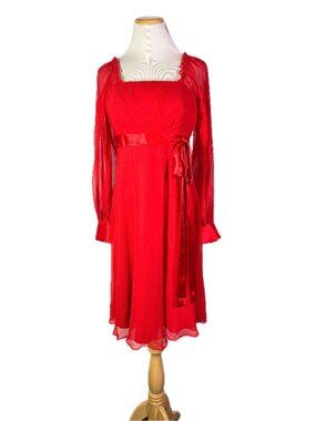 Barrie Pace Size 8 Red Silk Dress Long Sleeve High Waist